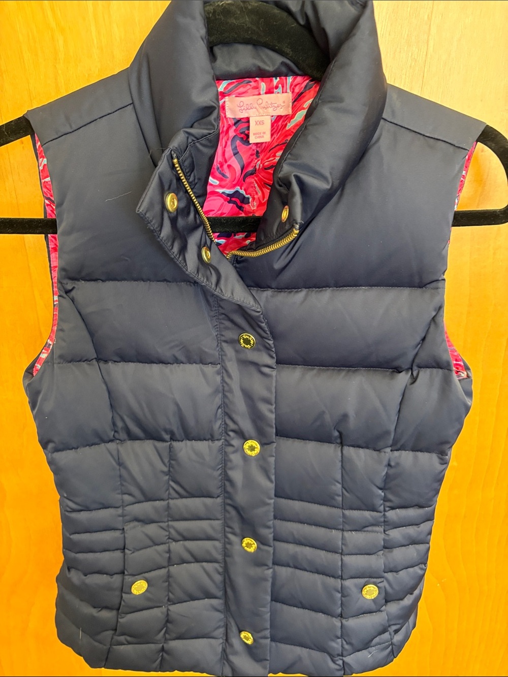 Lilly Pulitzer Navy Quilted Puffer Vest with Pink Printed Lining